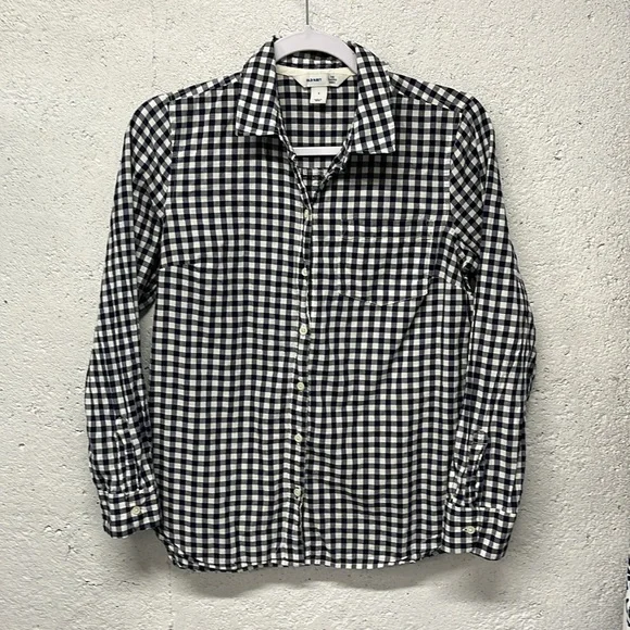 Old Navy The Classic Short Navy Blue Gingham Check Cotton Button Down Small - Picture 2 of 7
